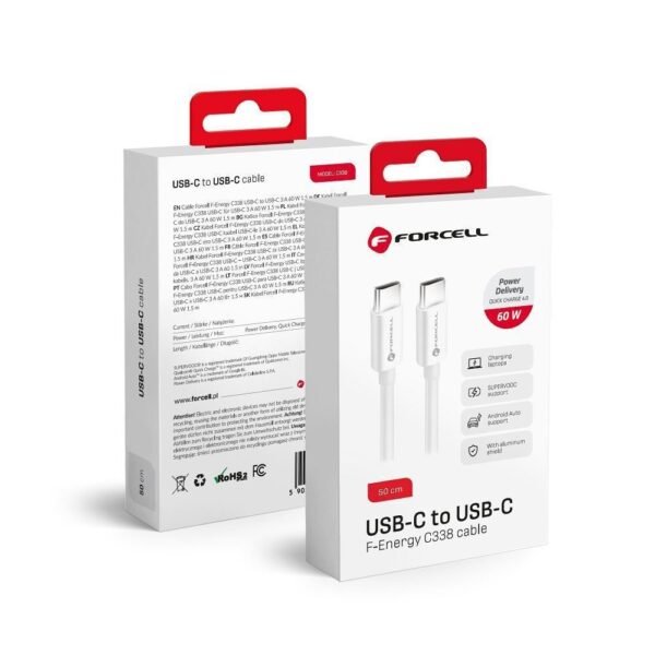Forcell pakrovimo laidas USB C - USB C, 3A 60W, 50 cm, baltas - Image 2