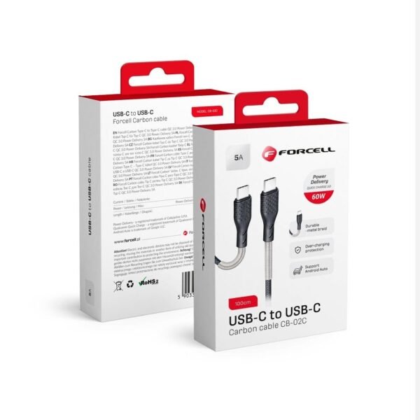 Pakrovimo laidas Forcell Carbon USB Type C - Type C C3.0 QC PD60W, 1m, juodas
