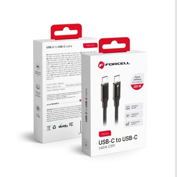 Pakrovimo laidas Forcell USB Type C - Type C QC4.0 5A/20V PD100W 1m, juodas