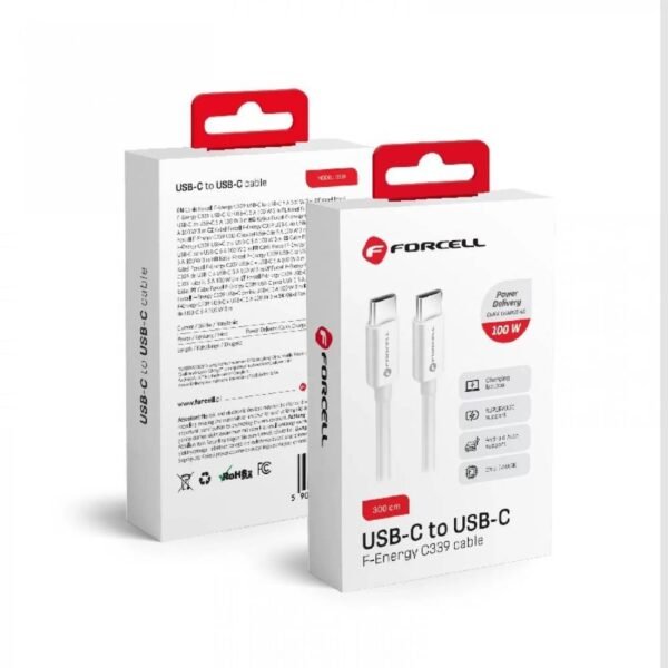 Forcell pakrovimo laidas USB C - USB C, 5A 100W, 300 cm, baltas - Image 2